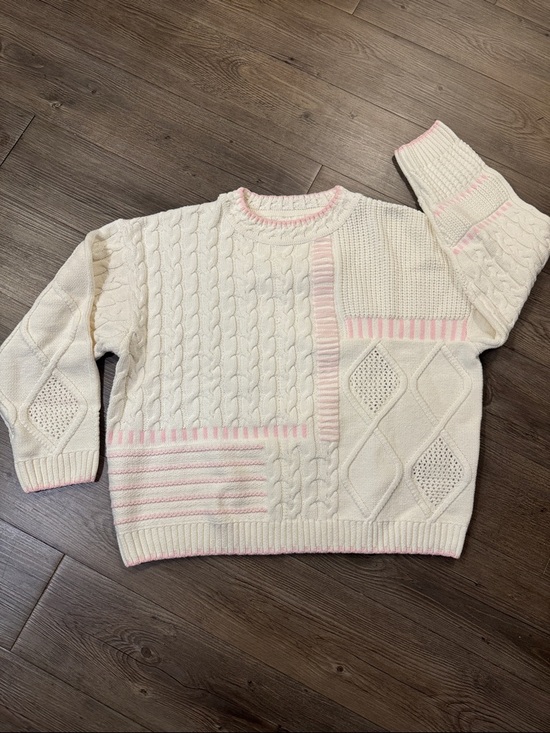 Sunkissed Coconut Sweaters - 🆕 Sun-kissed Coconut Cable Knit Crewneck Sweater with Pink Trim. M/L. NWOT!🎉